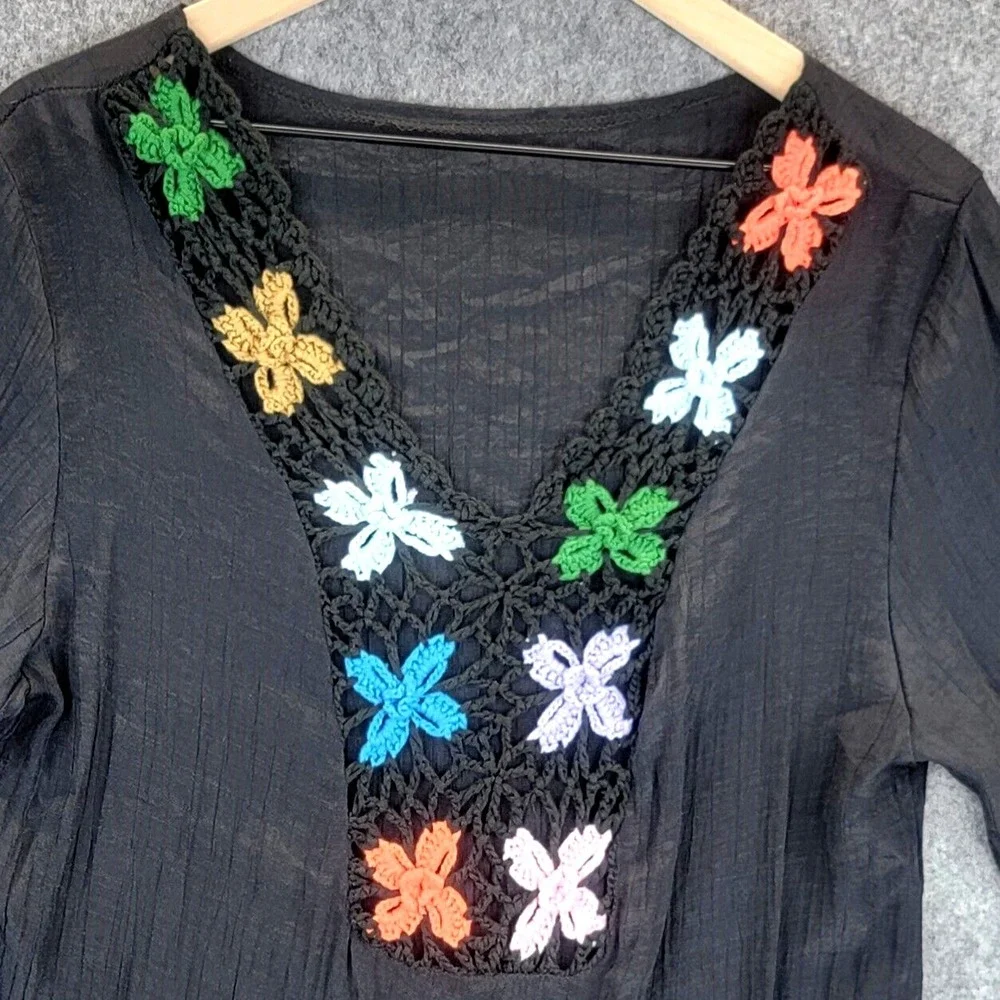 Shein Swim Cover Women's S Black Crochet Granny‎ Square Grannycore Boho Beach
